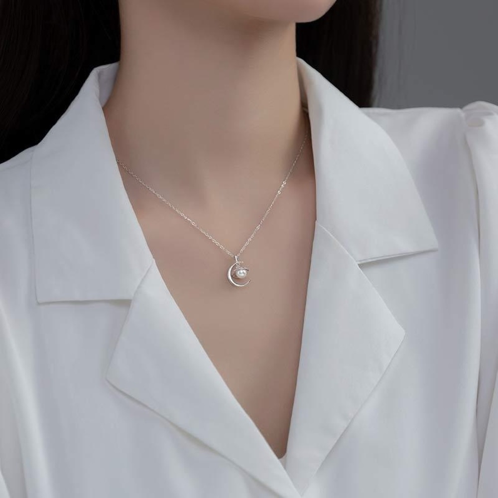 NEW S925 Sterling Silver Crescent Moon and Faux Pearl Planet Necklace